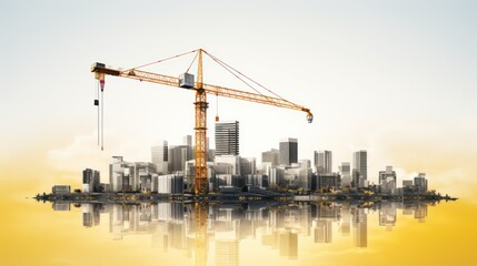 A Vector illustration of Construction crane above building urban development city skyline Black construction site isolated on transparent background.