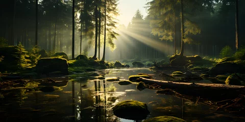 Fotobehang River in the Middle of the Forest with Sunlight Coming Through © Resdika
