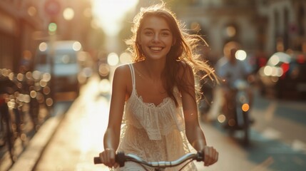 A young beautiful girl rides a bright bicycle in a white summer sundress along a summer street in city