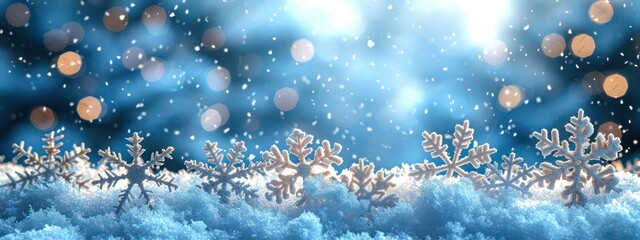 Fototapeta na wymiar beautiful winter landscape with snowflakes and falling, in the style of light white and light navy, blurred, detailed background elements
