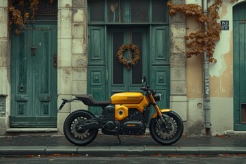 lack and yellow motorcycle with battery charger is parked outside