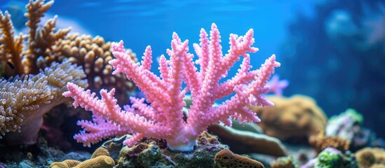 Fototapeta na wymiar Pink stony coral, Acropora Nasuta, found on a tropical seabed, retreats underwater.