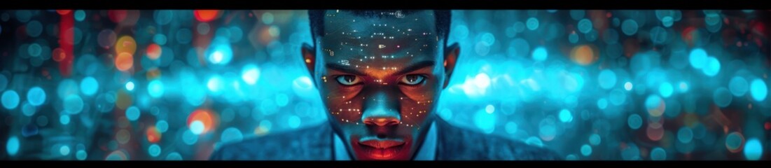 a blue figure in a futuristic environment, in the style of detailed facial features, internet academia