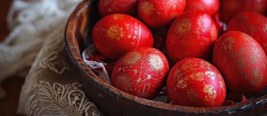 Orthodox Greek tradition of cracked red Easter eggs symbolizes Christ's resurrection. - obrazy, fototapety, plakaty