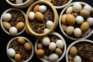 bowl of seeds is placed on the surface,  aerial photography