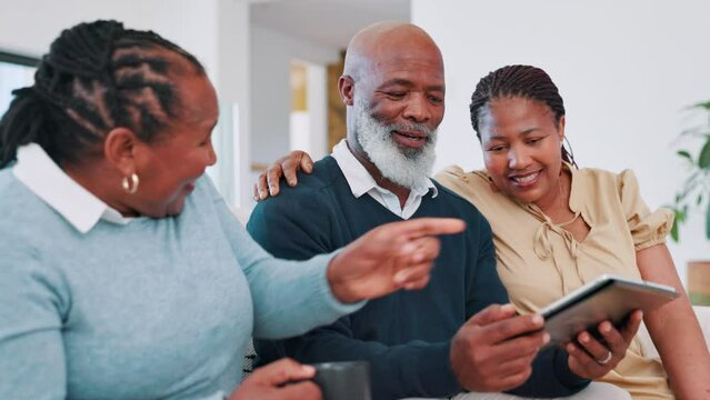 Tablet, Search And Black Woman With Senior Parents In House For Help On Social Media, Subscription Or Sign Up Service. Digital, Love And African Family In Living Room With Internet, Web Or Discussion