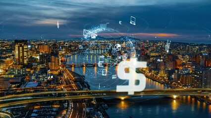 Modern city aerial view and business technology concept. Financial technology. Retail as a service. RaaS.