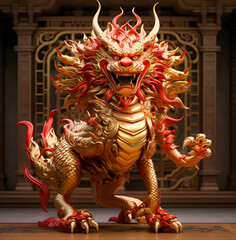 Fototapeta premium A 3D red gold dragon zodiac statue stands majestically in front of a temple, embodying strength and prosperity in a vibrant display of cultural symbolism