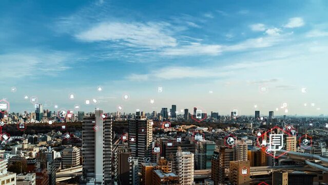 Modern city aerial view and business technology concept. Financial technology. Retail as a service. RaaS.