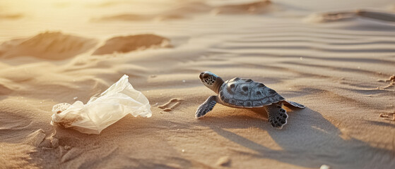 Obraz premium Turtle on the beach and plastic scraps, eco friendly, saving the planet and environment marine life in the world, clean beach, wide image There is space to enter text.