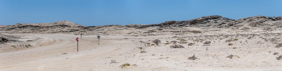 gravel road bends among basalt rocks at Atlantic shore, Diaz point,  Namibia