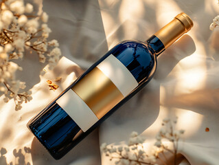 Wine bottle with blank golden label and glass of rose wine on white fabric with flowers