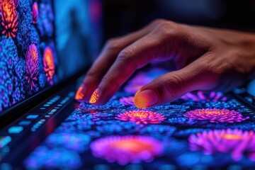 hand touching a display with a multi  touchscreen application