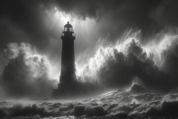 lighthouse with a storm crashing over - obrazy, fototapety, plakaty