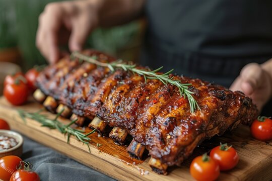man is ribs on a wood table, in the style of rich and immersive, carving