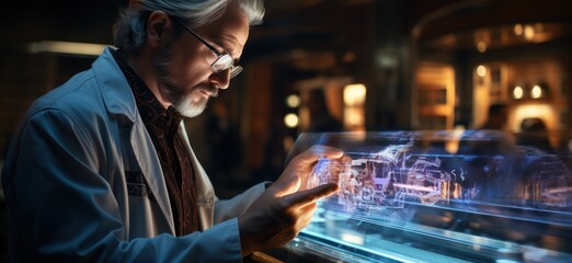 a medical doctor holds up a touchscreen, futurist elements, strong graphic elements, light azure and gray