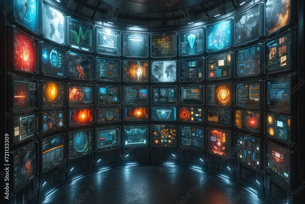 Wall mural computer with different types of website screens