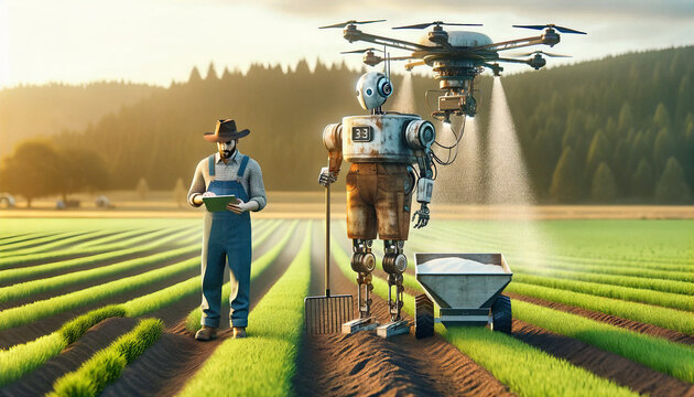 Concept of harmonious coexistence of humans and AI technology. A farmer using a tablet to control drone technology, overseen by AI, to efficiently water crops, symbolizing AI's role in sustainable agr