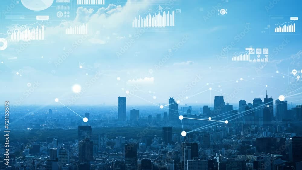 Poster modern city aerial view and statistics data concept. business network.