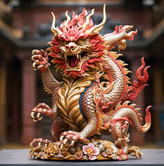 Obraz premium A 3D red gold dragon zodiac statue stands majestically in front of a temple, embodying strength and prosperity in a vibrant display of cultural symbolism