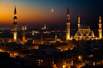 Fototapeta premium Holy Ramadan night sky with Islamic Mosque and full moon background tranquil city wallpaper