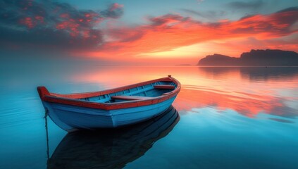 Fototapeta premium a boat sunset reflects on the water, in the style of light sky-blue and dark pink