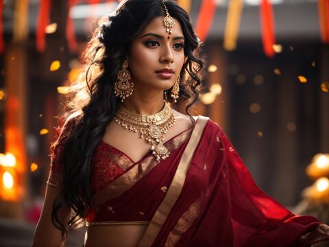 portrait beautiful women in red saree in temple. Generative AI