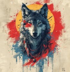wolf with a tribal head in blue and red, in the style of techno-organic fusion, hand-drawn elements, color splash