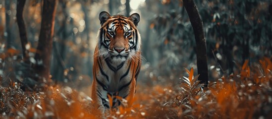 Bengal Tiger Standing Tall amidst Majestic Timber - obrazy, fototapety, plakaty