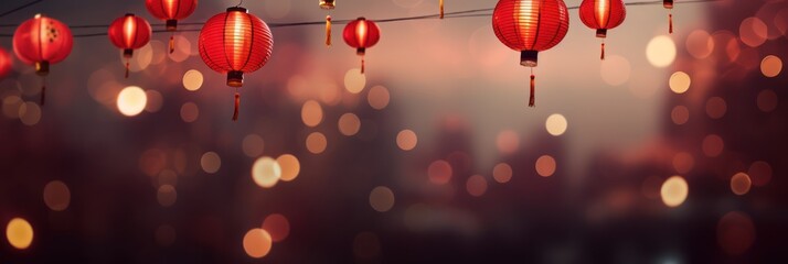 A Chinese red lanterns on a happy Chinese New Year night adorning the Chinese community, clear details of Chinese lanterns, bokeh blur background, out of focus city lights. - obrazy, fototapety, plakaty
