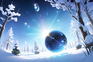 ゲーム背景冬の雪と青の水晶球エネルギーセーブポイント