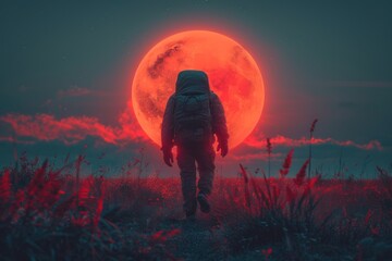 astronaut walking out on a planet with sky - obrazy, fototapety, plakaty