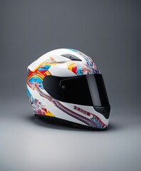 Motorcycle helmet with colourful isolated patterns on a grey background with light background, copy space for text

