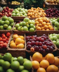 fresh raw fruits at bazaar; apricots, cherries, plums and grapes

