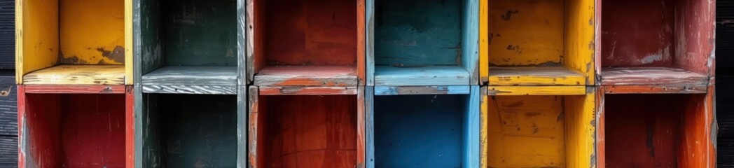  colorful wooden shelves, in the style of saturated pigment pools, metallic rectangles