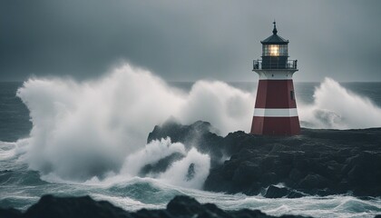 a lighthouse on a rocky ground that shines in rainy, lightning and foggy weather amidst huge huge waves
