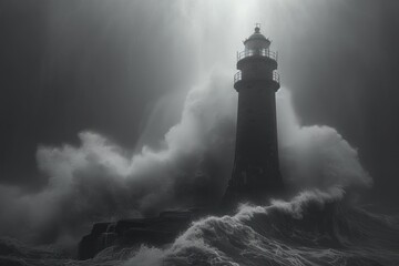 old lighthouse sitting on a raging wave - obrazy, fototapety, plakaty