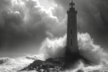 old lighthouse sitting on a raging wave