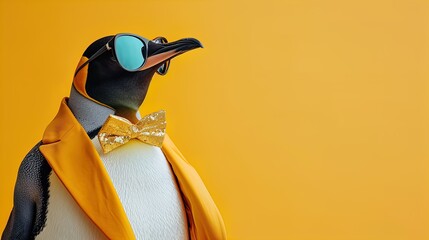 Penguin Glamour: Dive into our creative animal concept. A penguin flaunting high-end couture on a bright background. Ideal for birthdays and invites. Copy space for your message.