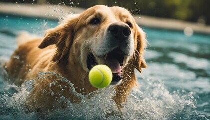 Spectacular portrait of a golden retriever chasing a tennis ball underwater  
