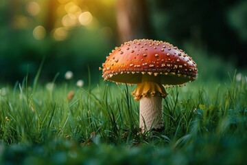 Mushroom fly agaric growing in the forest. Mushroom picking concept