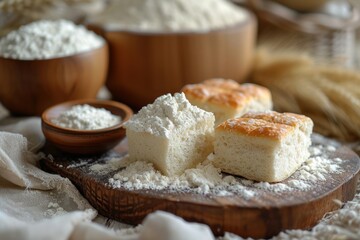 bread and baking mix on a board,  natural fibers