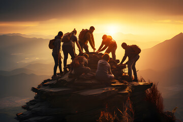 Big group of people having fun in success pose with raised arms on mountain top against sunset lakes and mountains. Travel, adventure or expedition concept. Realistic animal clipart template pattern.