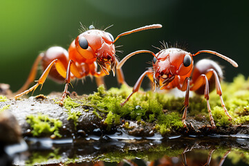 Red ants are looking for food on green moss floor. Work ants are walking on the moss to protect the nest in forest. Close-up photography with macro lens. Realistic ant clipart template pattern.	
