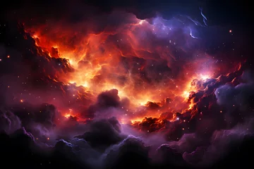 Zelfklevend Fotobehang Background Abstract Texture. Explosion of light in space universe orange, black, yellow, white, purple. Nebula and galaxies in space. scientific image technology star, sky.  © Lucky