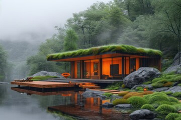 modern house building on rainy day on the lawn