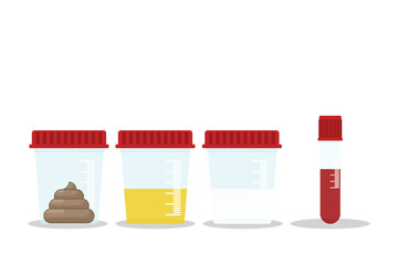 Urine, stool, sperm and blood analysis. Urine, stool, sperm and blood test icon. Medical analysis laboratory test. Medical samples.	
