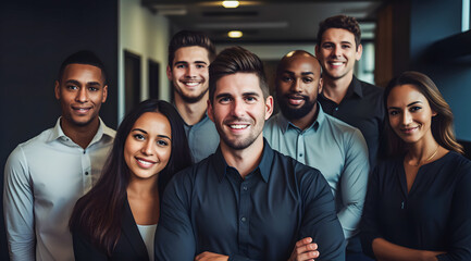 Obraz premium A cheerful group of male and female employees smiling broadly, standing together in a professional setting. Their expressions convey positivity, teamwork, and a collaborative work environment