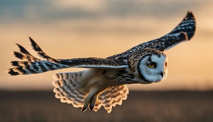 short eared owl portrait while flying on blue sky
 - obrazy, fototapety, plakaty