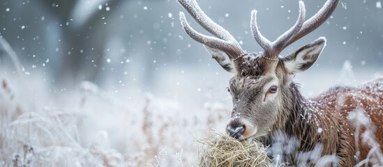 Stunning Image Captures Majestic Deer Gracefully Eating Hay in Icy Snow on Scenic Farmland